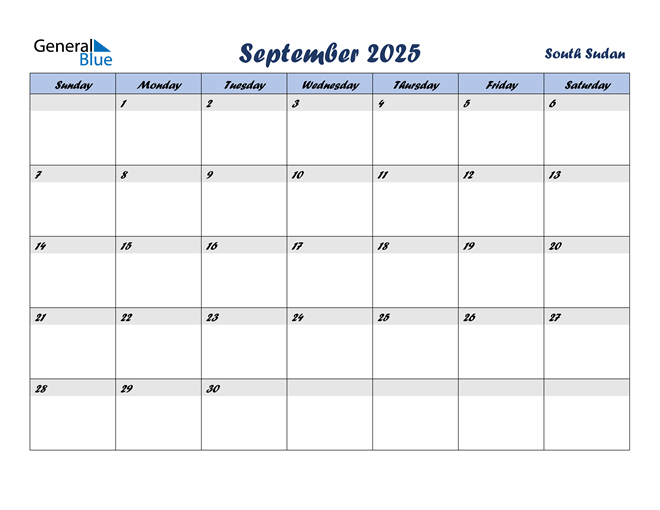 South Sudan September 2025 Calendar with Holidays