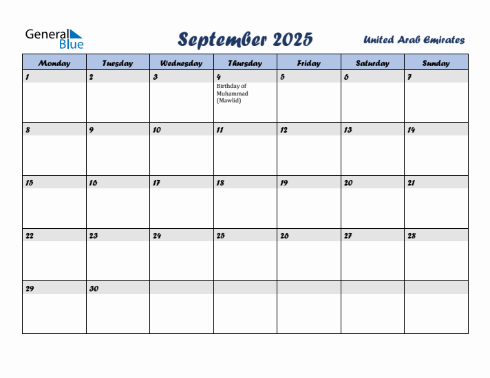 September 2025 Calendar with Holidays in United Arab Emirates