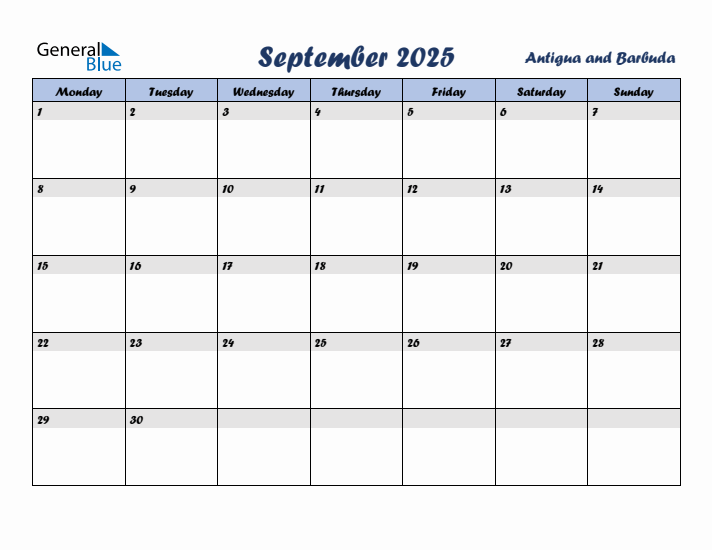 September 2025 Calendar with Holidays in Antigua and Barbuda