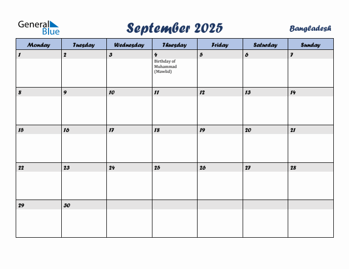 September 2025 Bangladesh Monthly Calendar with Holidays