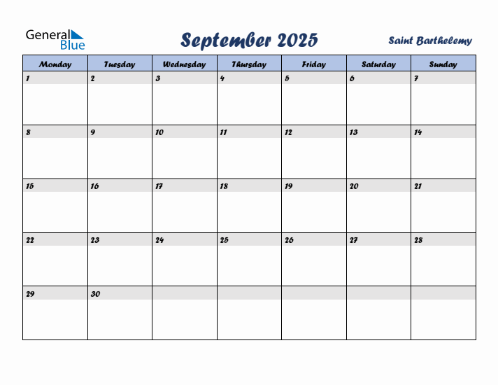September 2025 Calendar with Holidays in Saint Barthelemy