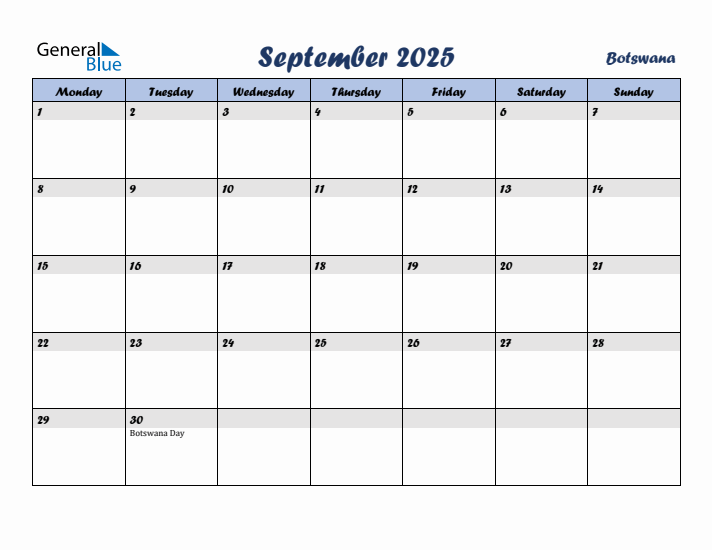 September 2025 Calendar with Holidays in Botswana