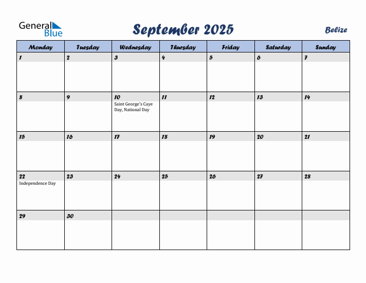 September 2025 Calendar with Holidays in Belize