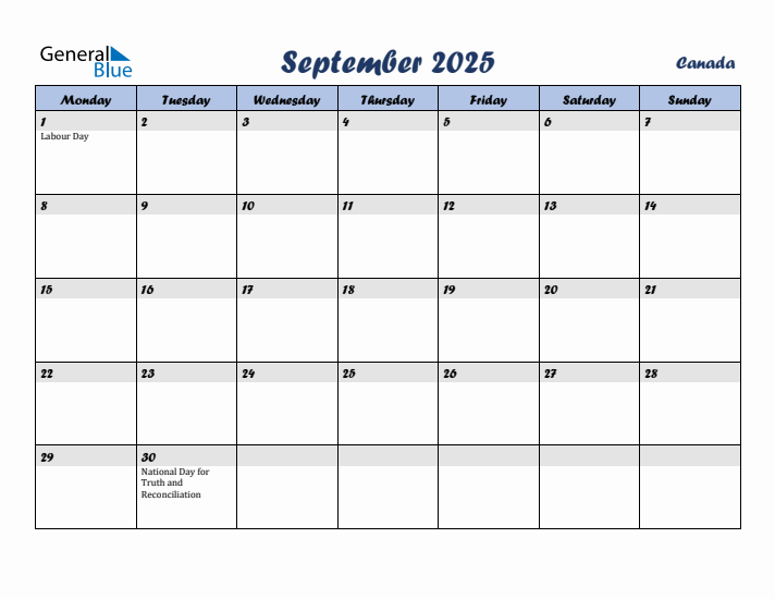 September 2025 Calendar with Holidays in Canada