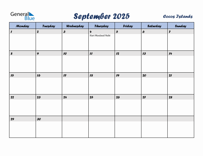 September 2025 Calendar with Holidays in Cocos Islands