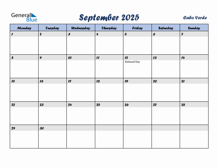 September 2025 Calendar with Holidays in Cabo Verde