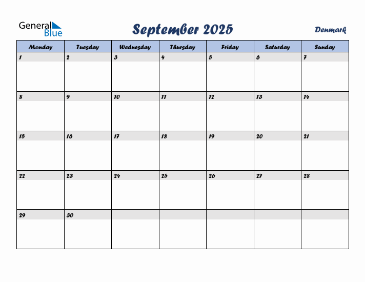 September 2025 Calendar with Holidays in Denmark