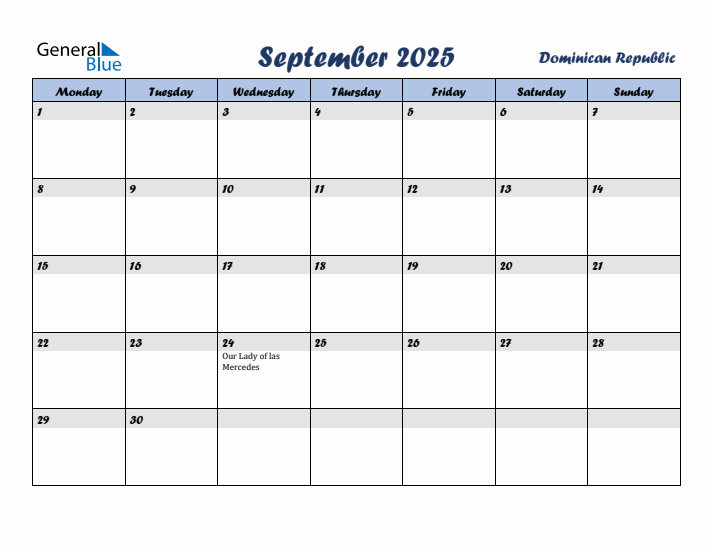 September 2025 Calendar with Holidays in Dominican Republic