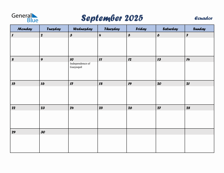 September 2025 Calendar with Holidays in Ecuador