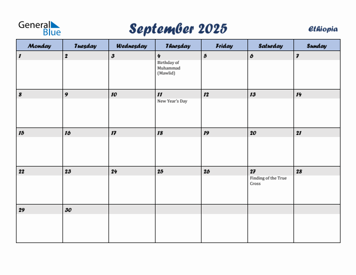September 2025 Calendar with Holidays in Ethiopia