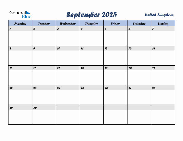 September 2025 Calendar with Holidays in United Kingdom