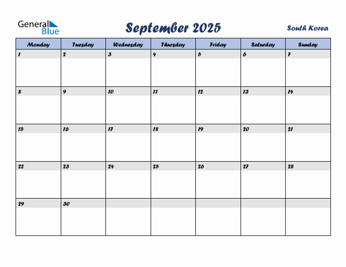 September 2025 Calendar with Holidays in South Korea