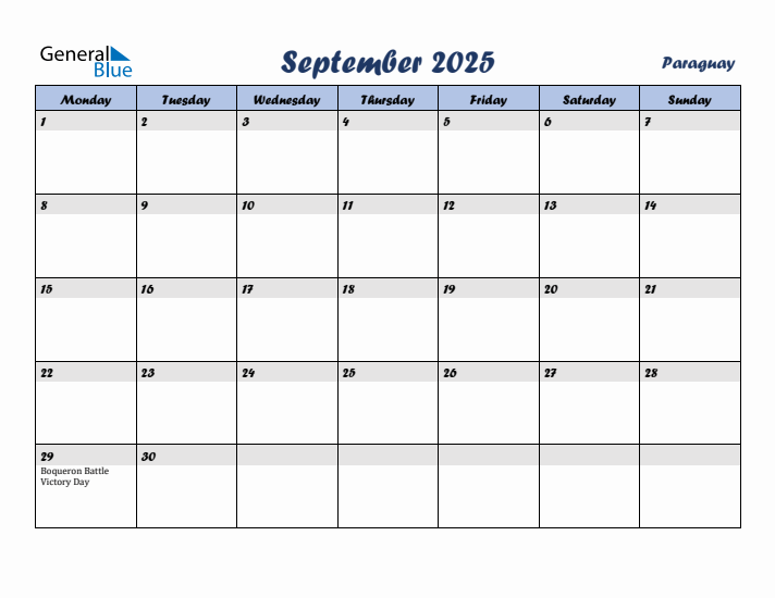 September 2025 Calendar with Holidays in Paraguay