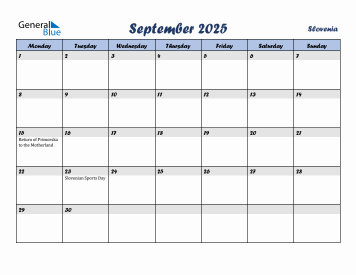 September 2025 Calendar with Holidays in Slovenia