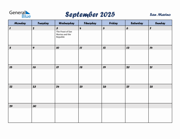September 2025 Calendar with Holidays in San Marino