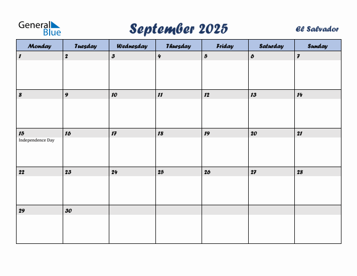 September 2025 Calendar with Holidays in El Salvador