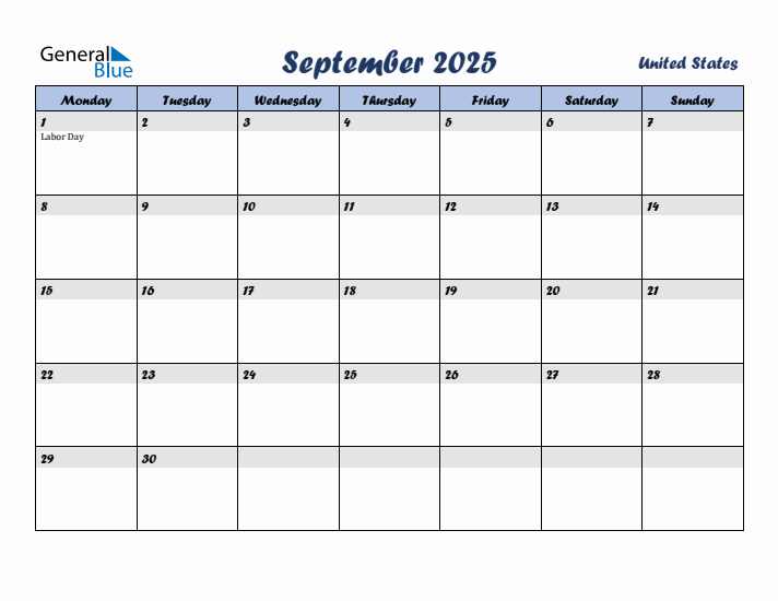 September 2025 Calendar with Holidays in United States