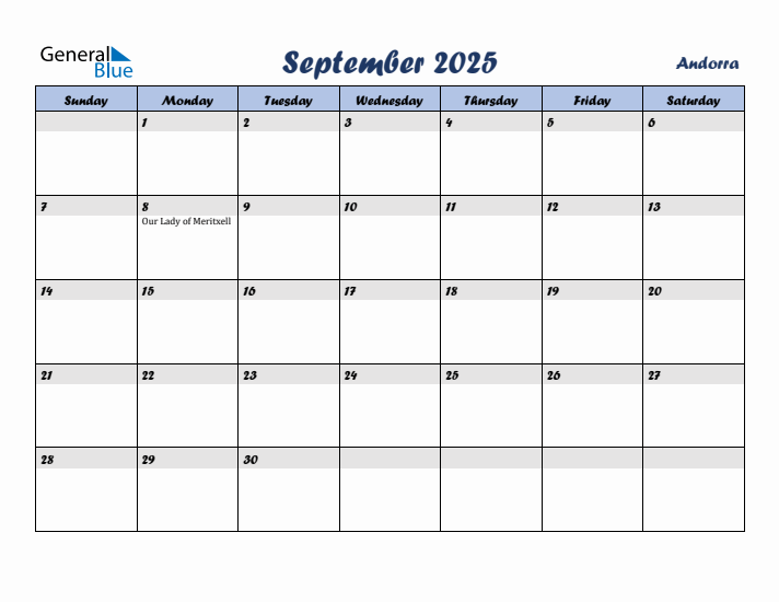 September 2025 Calendar with Holidays in Andorra