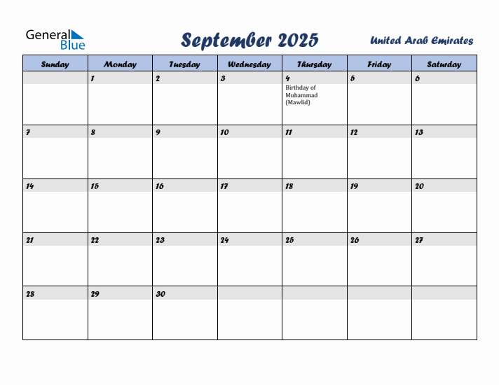 September 2025 Calendar with Holidays in United Arab Emirates