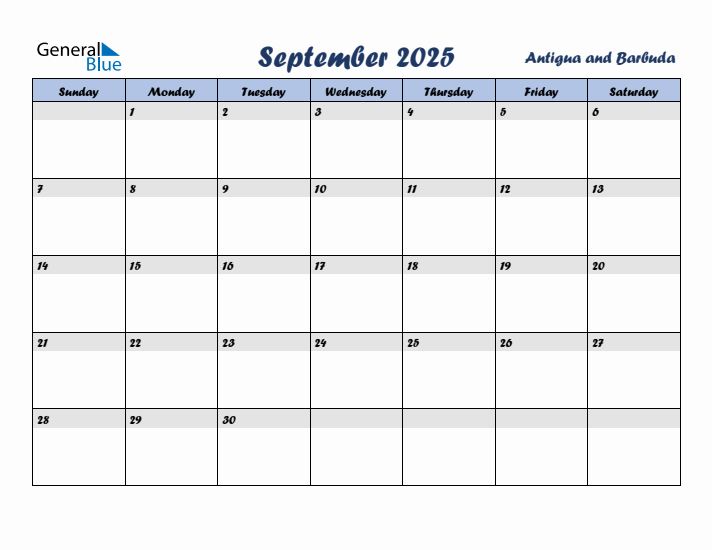 September 2025 Calendar with Holidays in Antigua and Barbuda