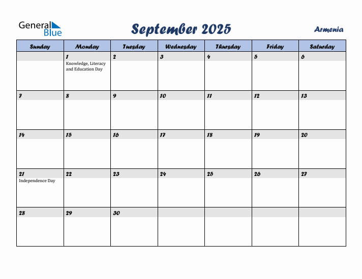 September 2025 Calendar with Holidays in Armenia