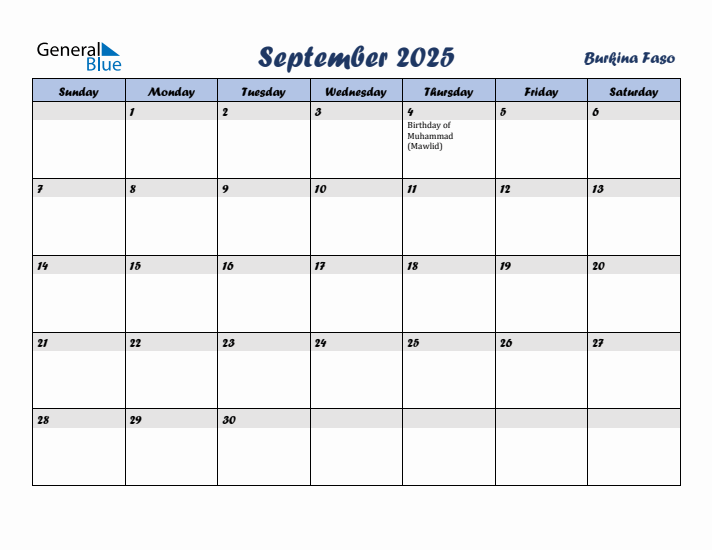 September 2025 Calendar with Holidays in Burkina Faso