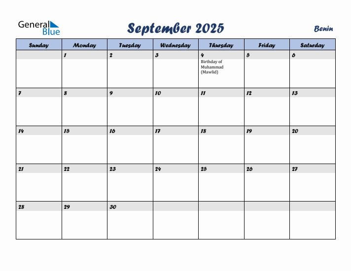 September 2025 Calendar with Holidays in Benin