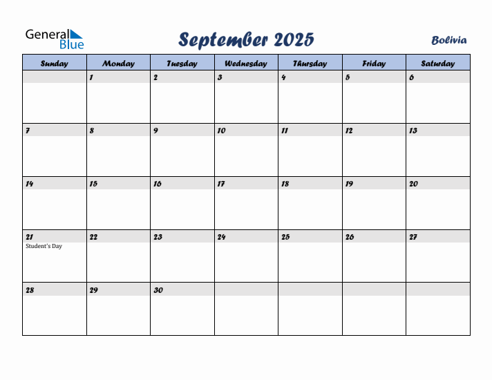 September 2025 Calendar with Holidays in Bolivia