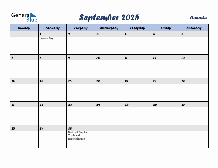 September 2025 Calendar with Holidays in Canada