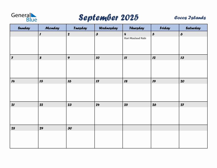 September 2025 Calendar with Holidays in Cocos Islands
