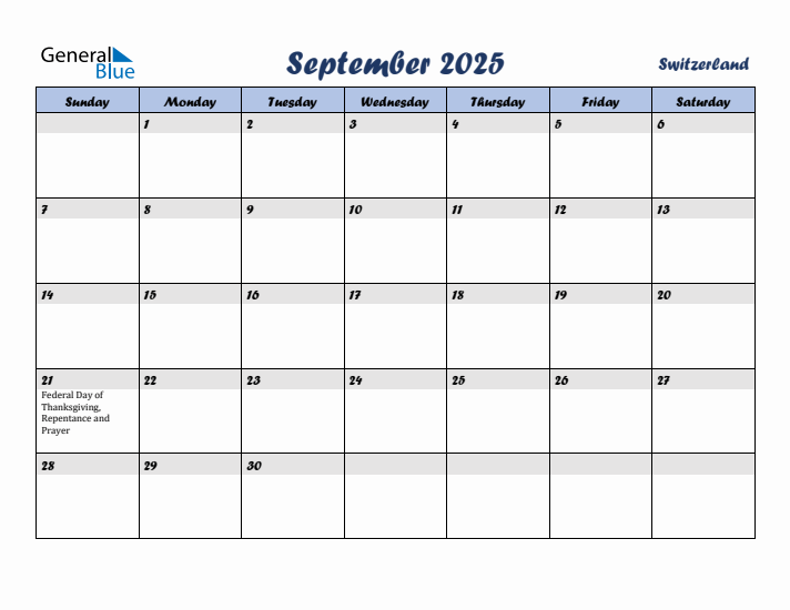 September 2025 Calendar with Holidays in Switzerland