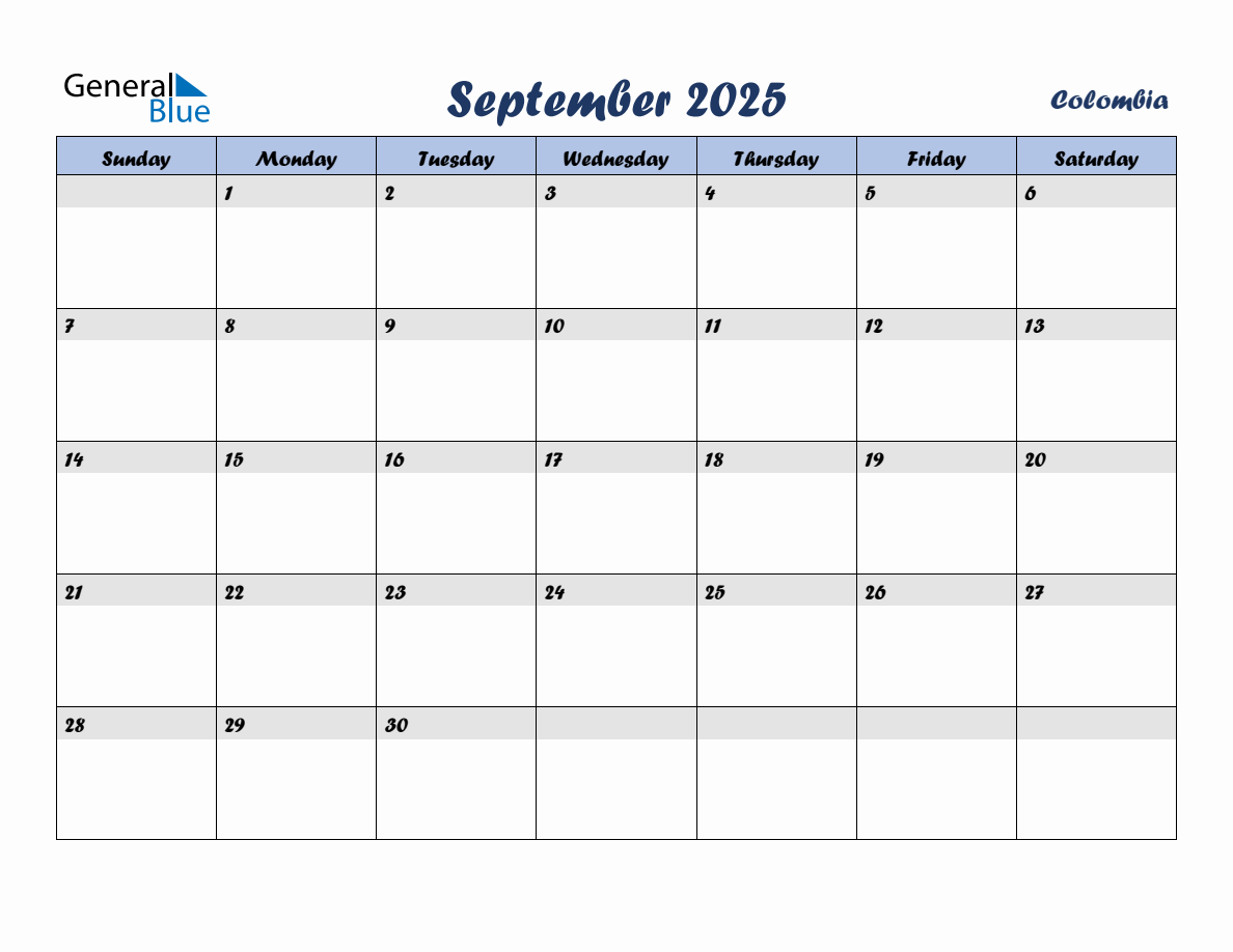 September 2025 Monthly Calendar Template with Holidays for Colombia