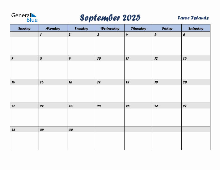 September 2025 Calendar with Holidays in Faroe Islands