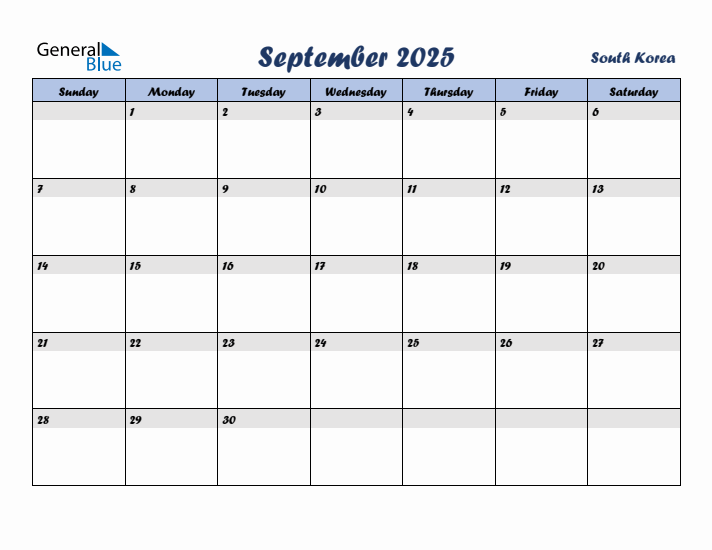 September 2025 Calendar with Holidays in South Korea