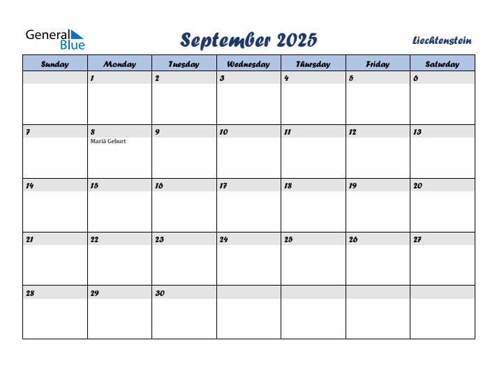 September 2025 Calendar with Holidays in Liechtenstein