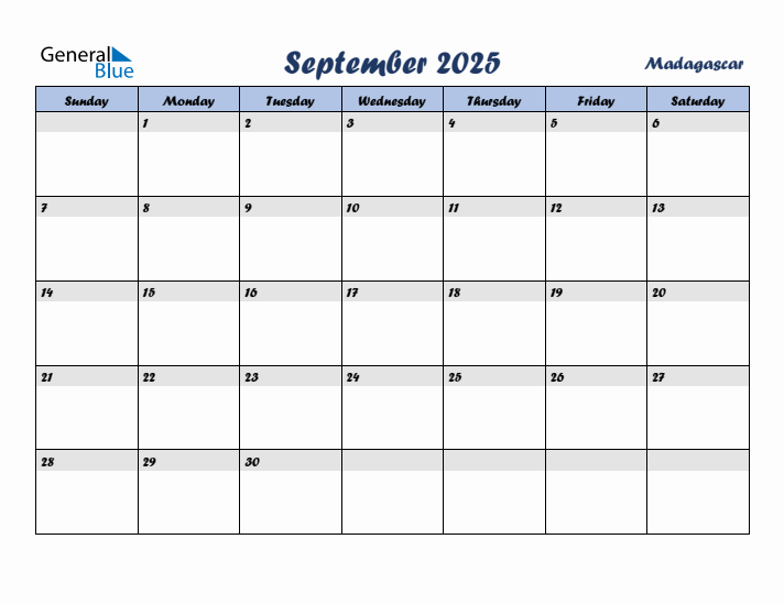 September 2025 Calendar with Holidays in Madagascar