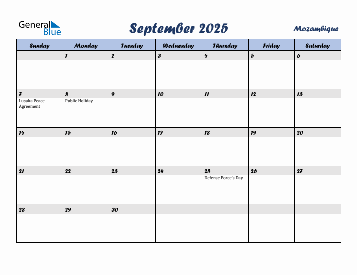 September 2025 Calendar with Holidays in Mozambique