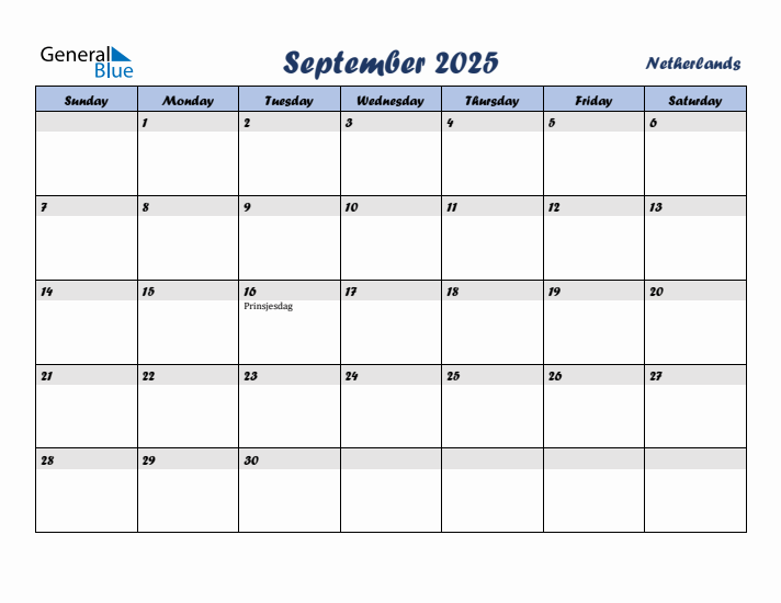 September 2025 Calendar with Holidays in The Netherlands