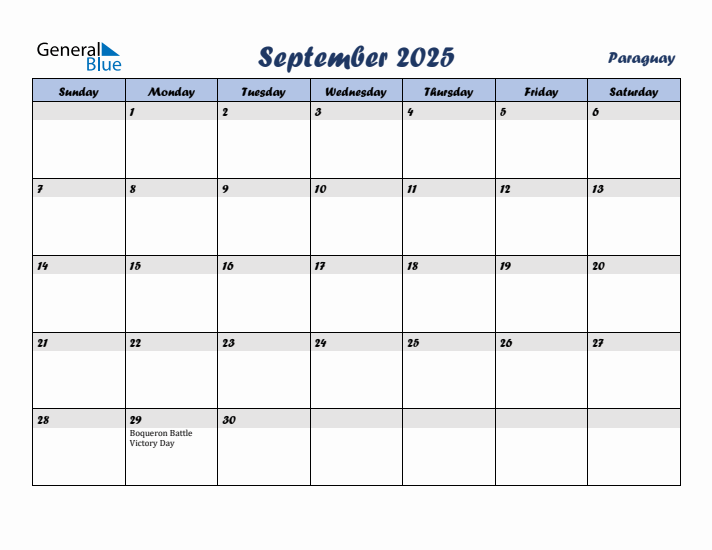 September 2025 Calendar with Holidays in Paraguay
