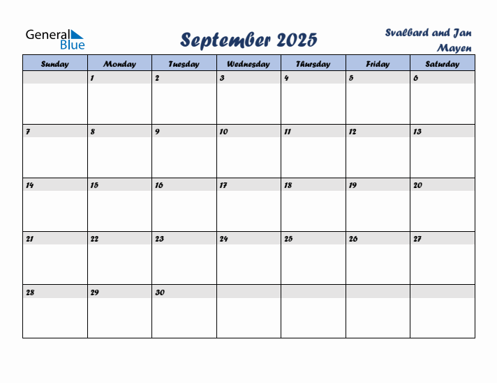 September 2025 Calendar with Holidays in Svalbard and Jan Mayen