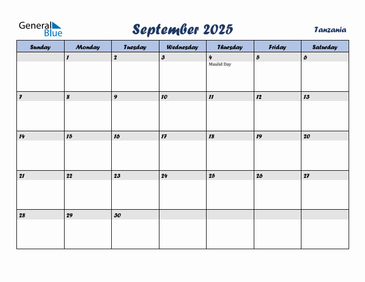 September 2025 Calendar with Holidays in Tanzania