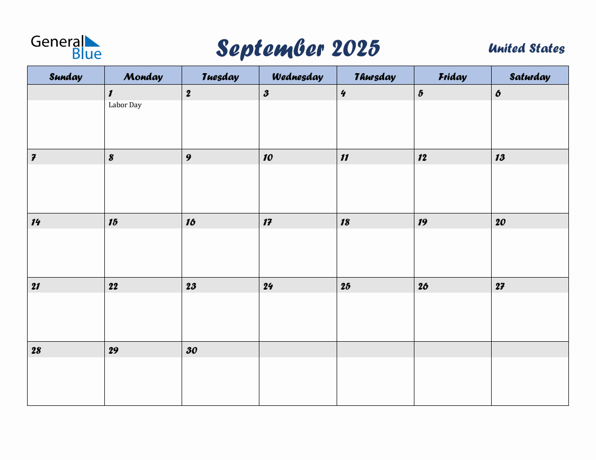 September 2025 Monthly Calendar Template with Holidays for United States