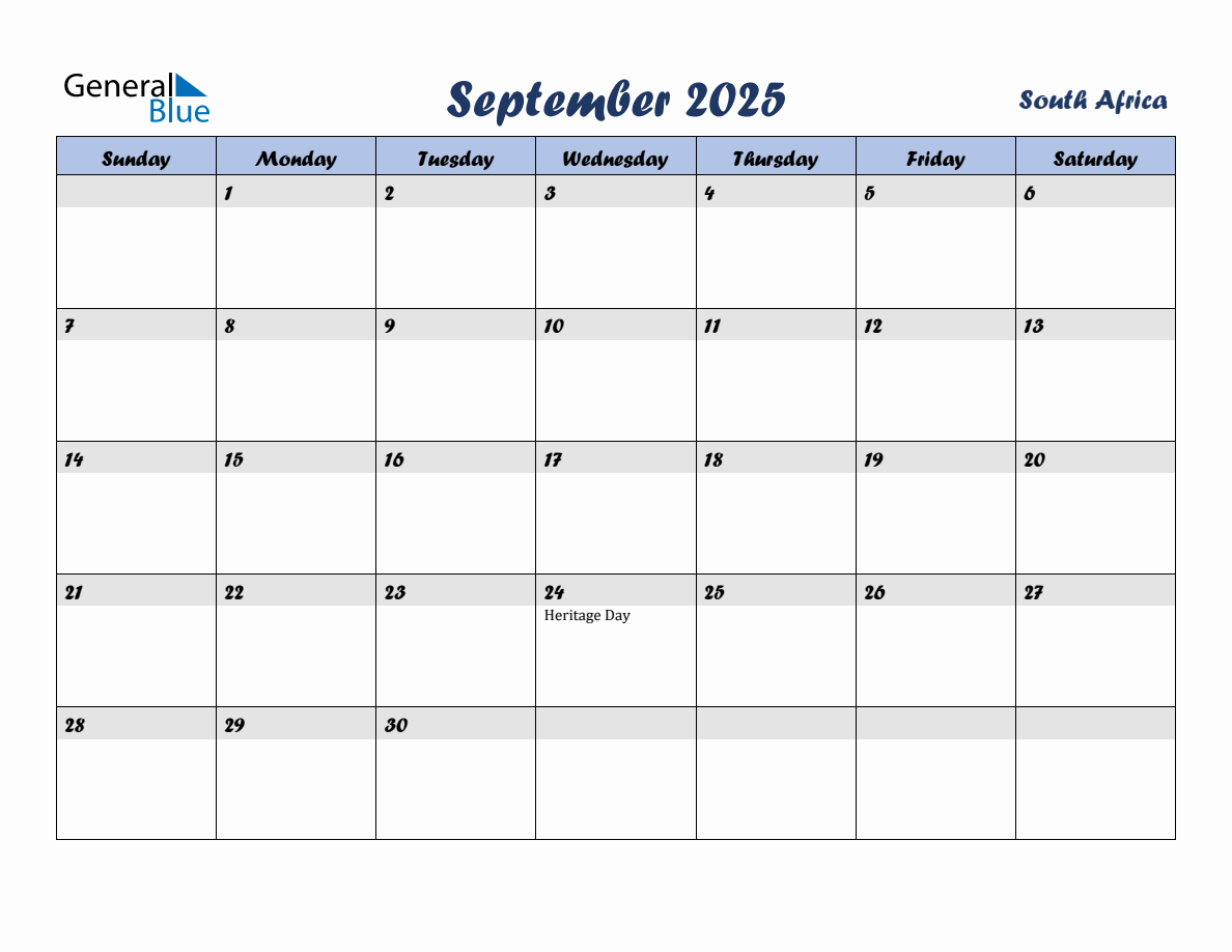 September 2025 Monthly Calendar Template with Holidays for South Africa