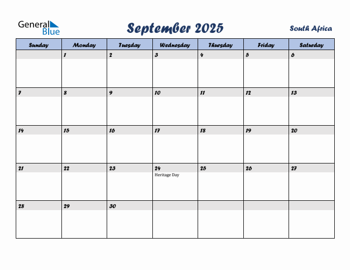 September 2025 Calendar with Holidays in South Africa