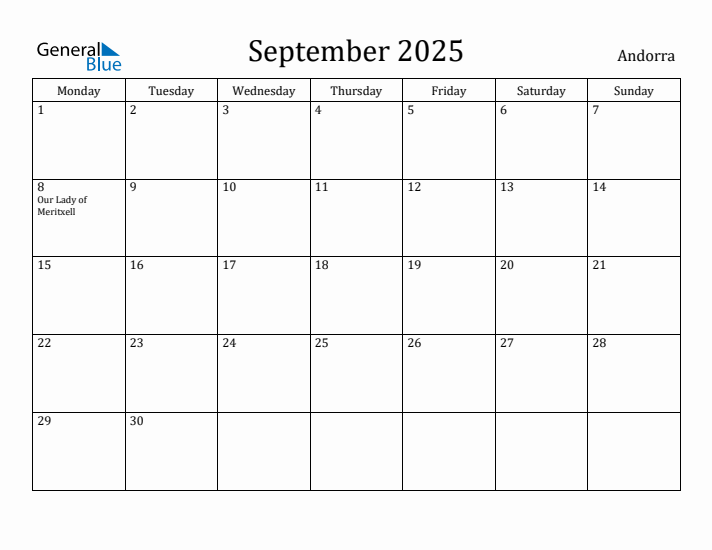 September 2025 Calendar Andorra