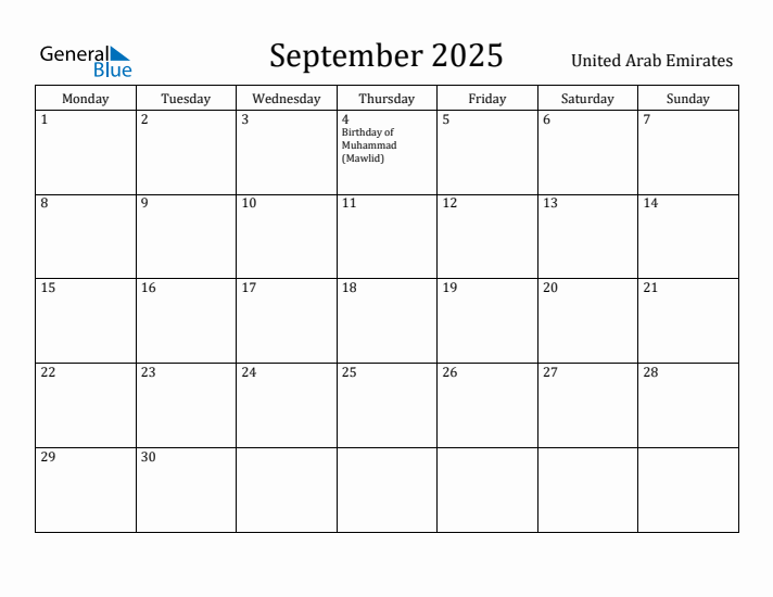 September 2025 Calendar United Arab Emirates
