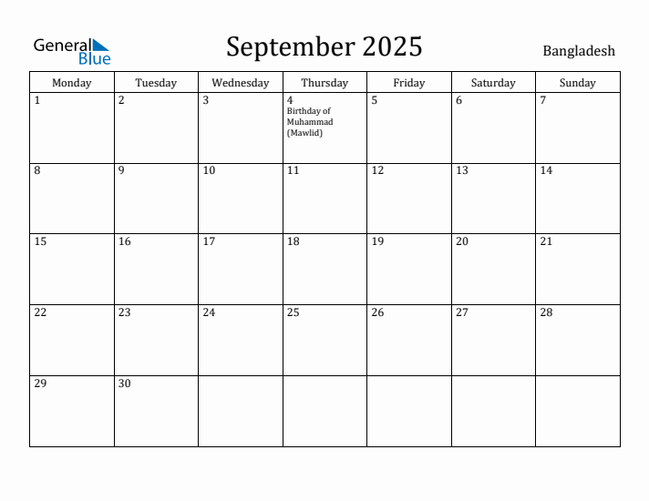 September 2025 Calendar Bangladesh