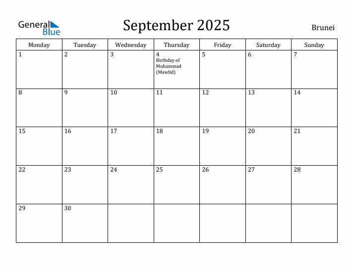 September 2025 Calendar Brunei