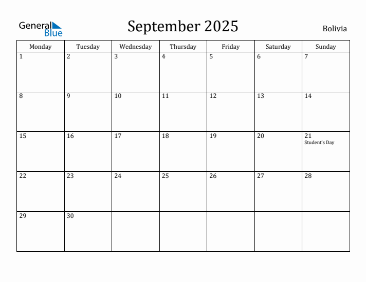 September 2025 Calendar Bolivia