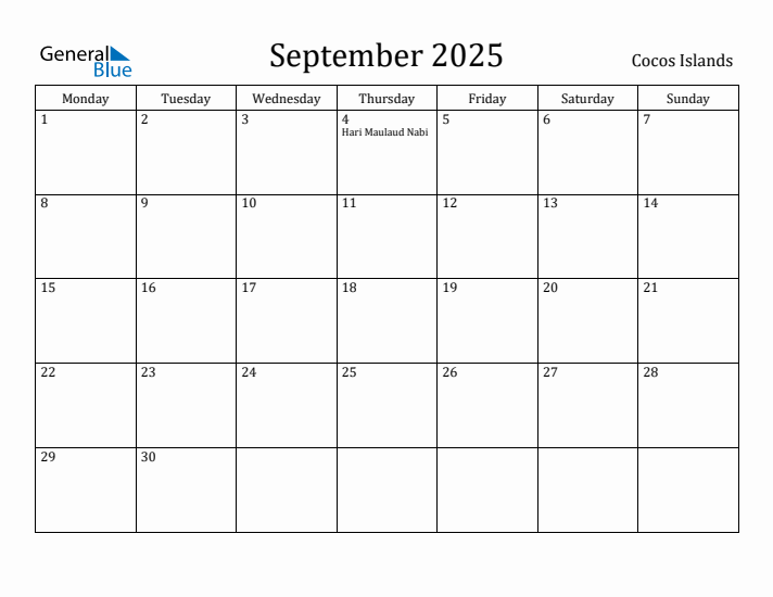 September 2025 Calendar Cocos Islands